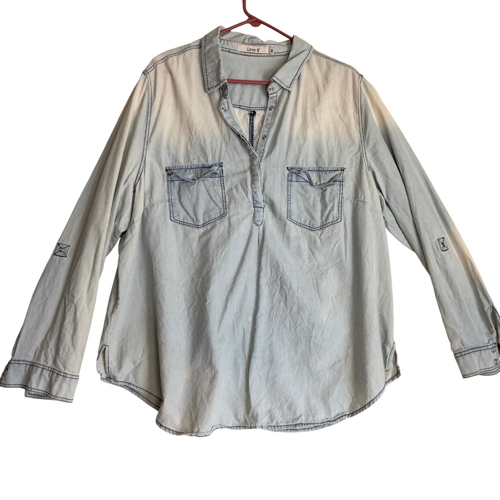 Love 8 Denim Tunic Top Womens 1X Blue Chambray Long Sleeve Button Up Shirt‎